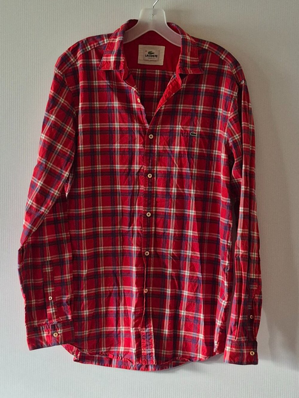 Lacoste Alligator Red Plaid Long Sleeve 100% Cotton Classic Button Down Shirt
